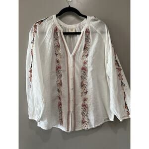Good Hart White kantha Embroidered Crinkled Gauze Blouse Relaxed Size S fits L